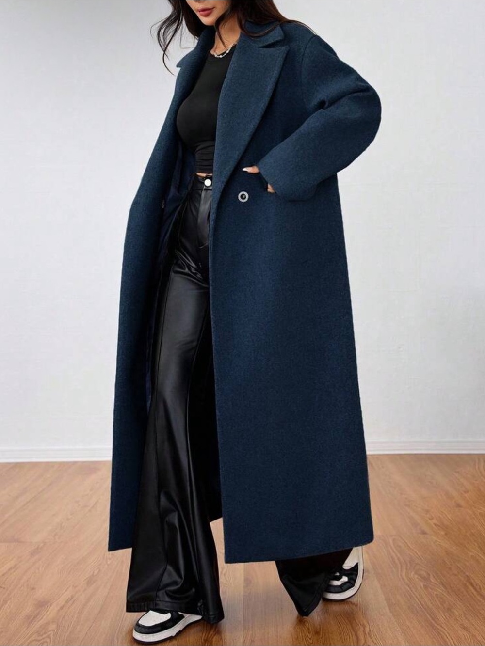 Navy Blue Casual Women's Lapel Long Coat